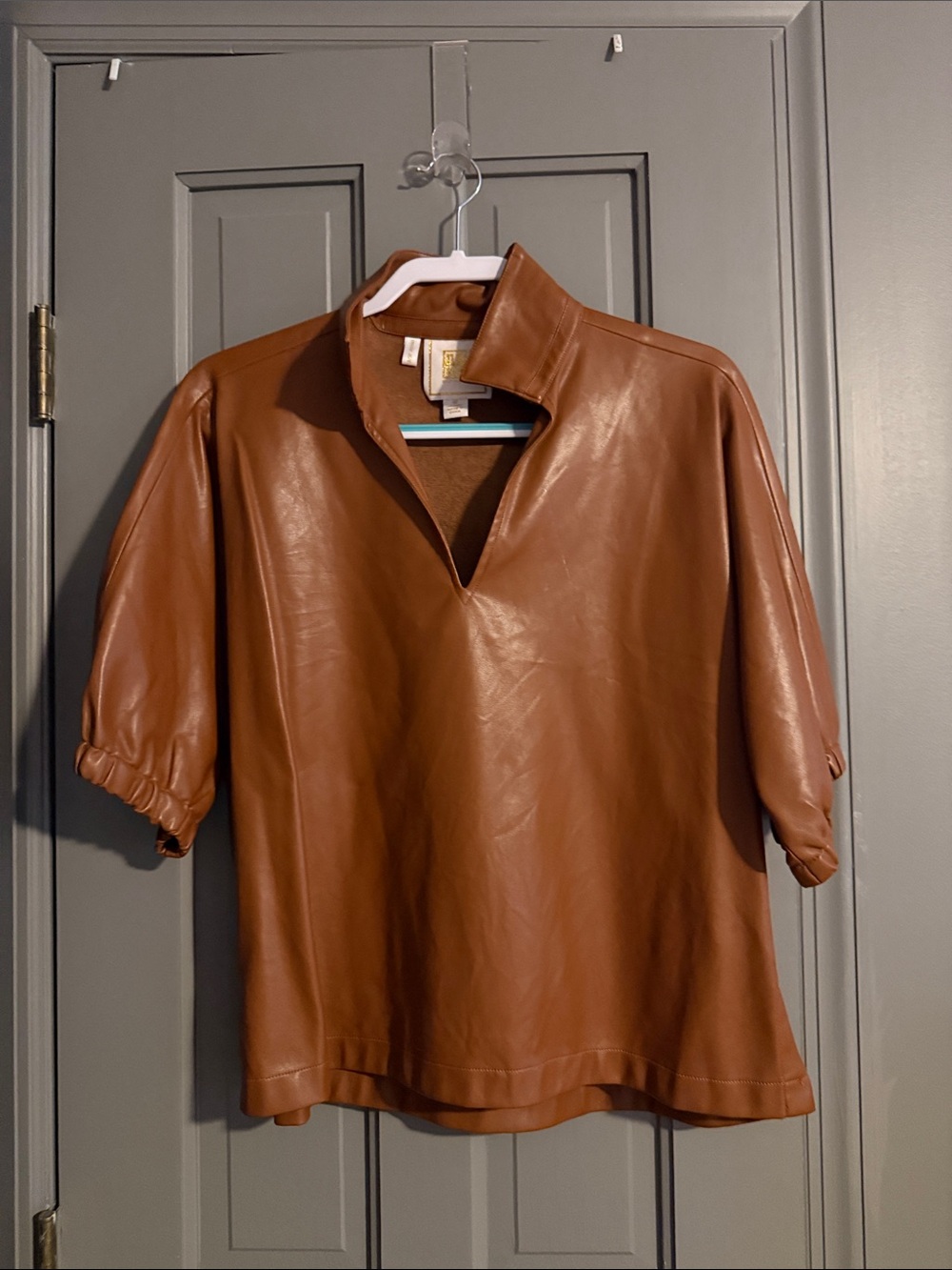 Emily McCarthy Brown Faux Leather V-Neck Polo Tunic